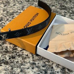 Louis Vuitton Black Monogrammed Leather Belt with Silver LV Buckle